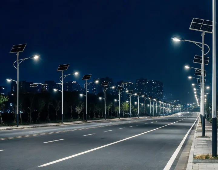 Solar street luminaires illuminating an urban boulevard
